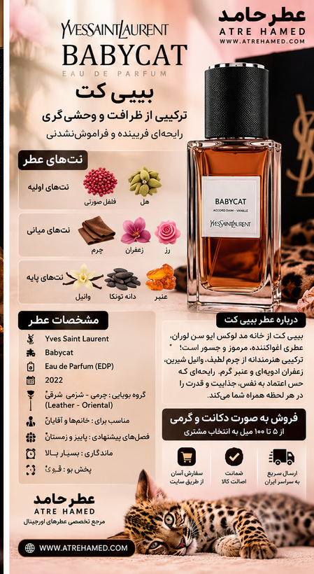 عطر بیبی کت Babycat Yslحجم ۵ میل مرموز و جسور باماندگاری و رد بوی بالا عطر حامد